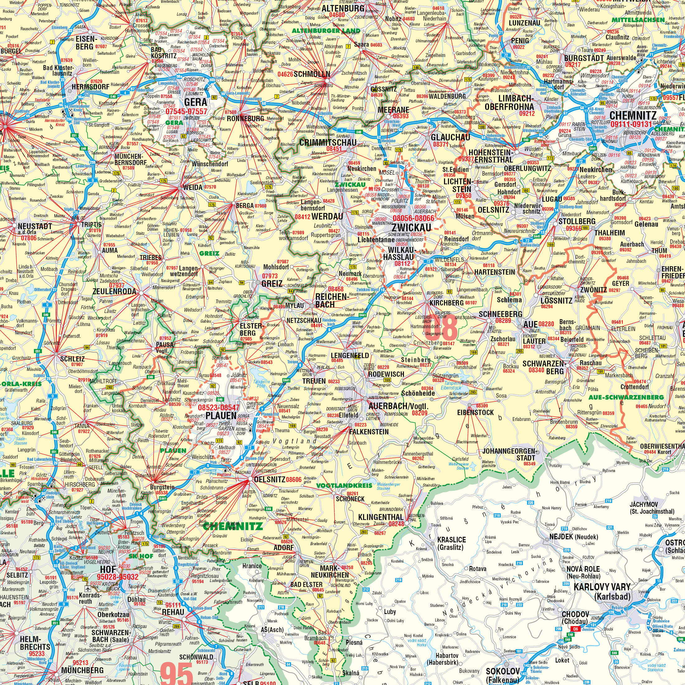 Detailansicht der Postleitzahlenkarte für die Region 0