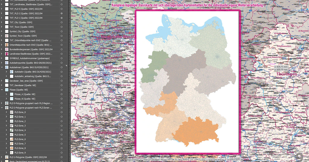 Landesumriss von Deutschland mit farbiger Kennzeichnung der einzelnen Bundesländer.