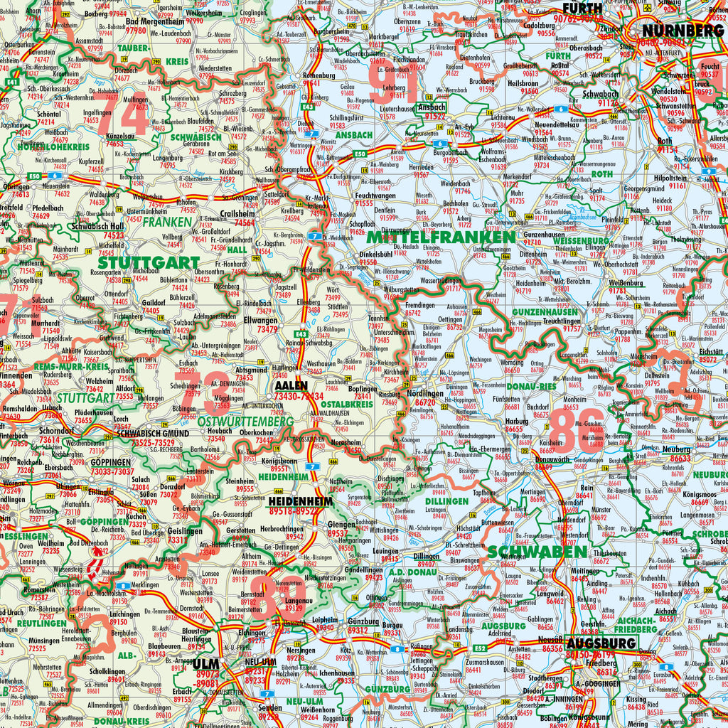 Detailansicht der Postleitzahlen und Verwaltungskarte von Deutschland