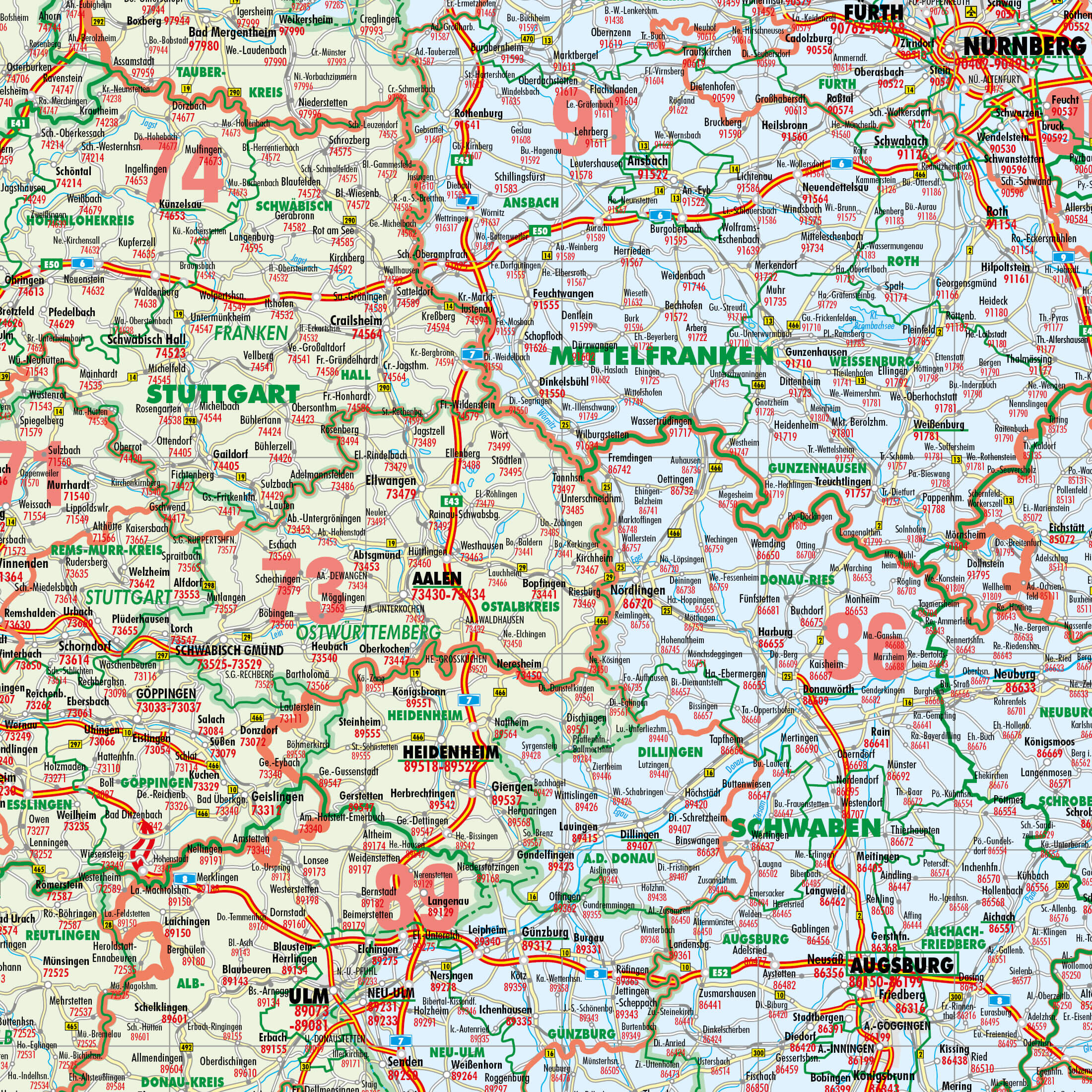 Detailansicht der Postleitzahlen und Verwaltungskarte von Deutschland