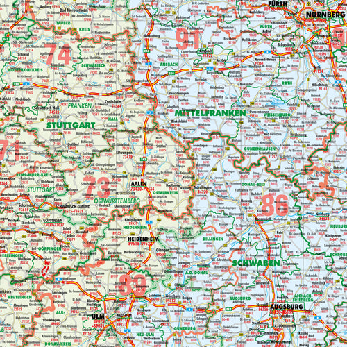Detailansicht der Postleitzahlen und Verwaltungskarte von Deutschland