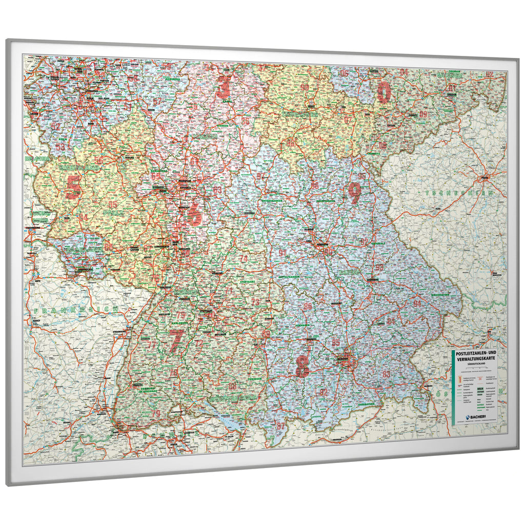 Süddeutschland - PLZ- und Verwaltungskarte (wählbares Format)