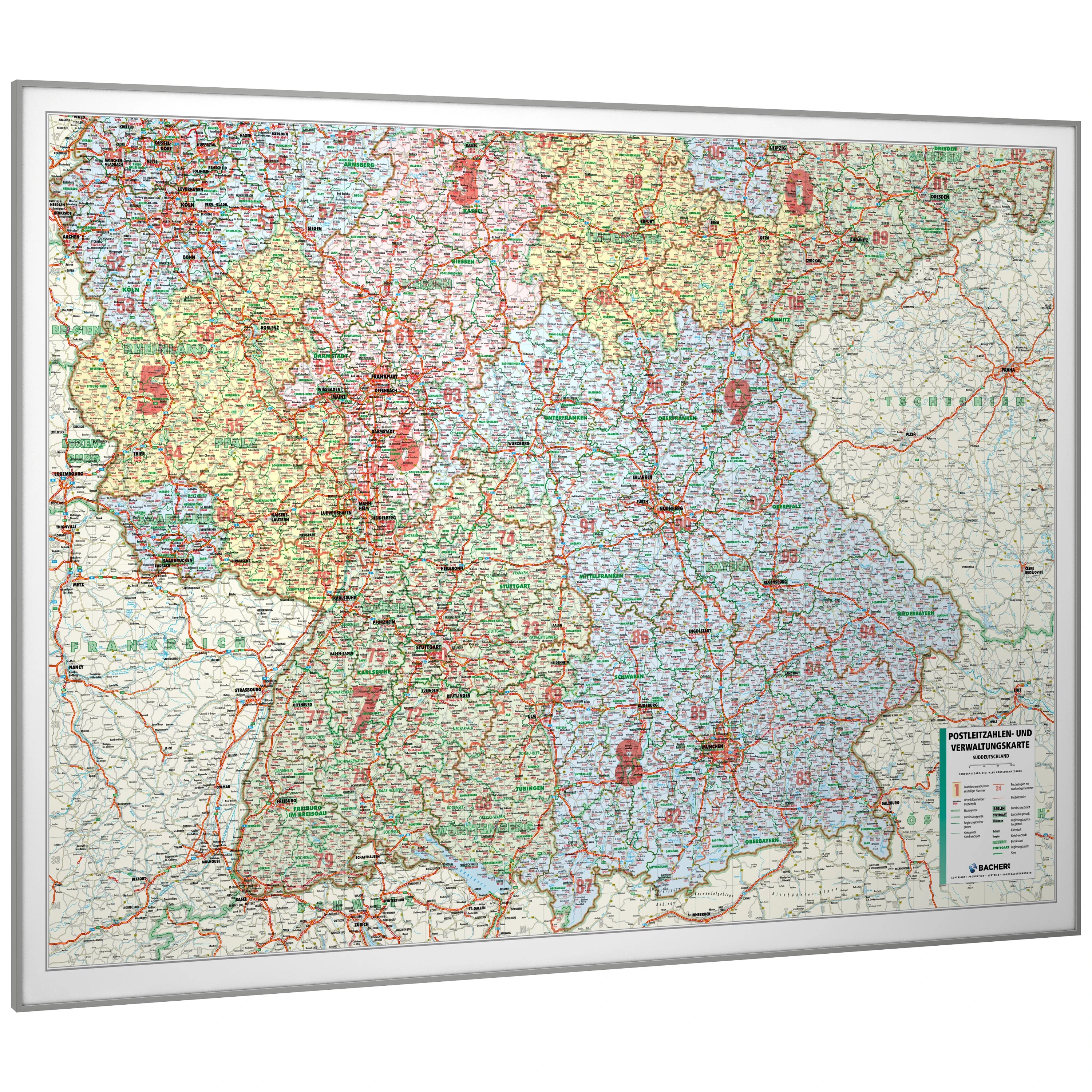 Süddeutschland - PLZ- und Verwaltungskarte (wählbares Format)