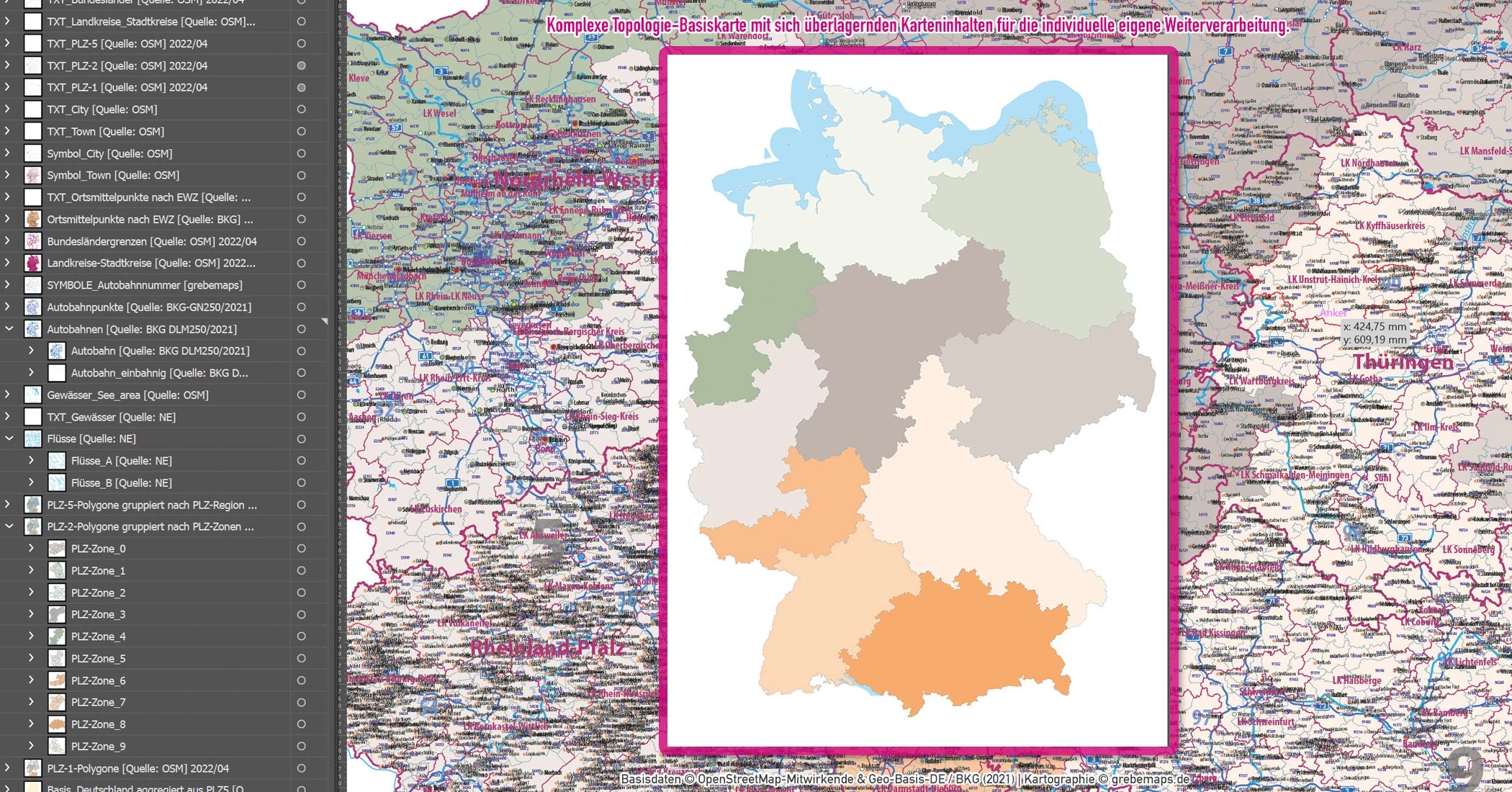 Landesumriss von Deutschland mit farbiger Kennzeichnung der einzelnen Bundesländer.