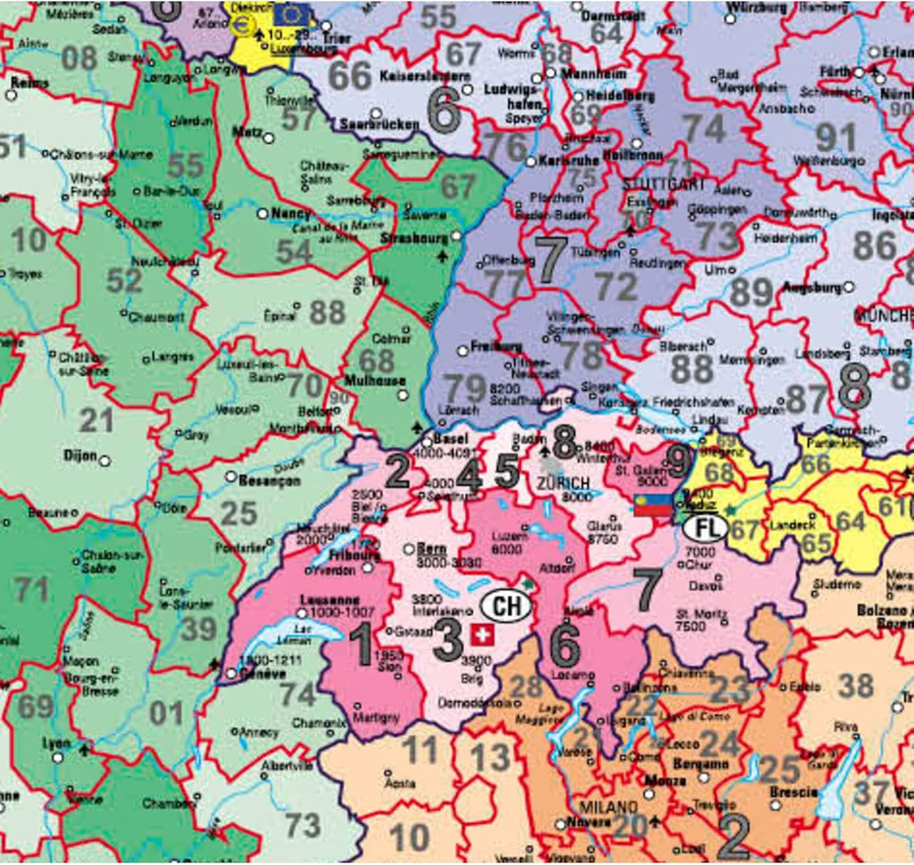 Postleitzahlenkarte von Europa im Detail