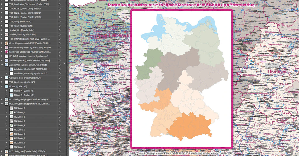 Landesumriss von Deutschland mit farbiger Kennzeichnung der einzelnen Bundesländer.