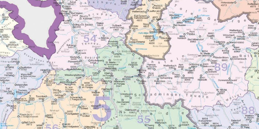 Detailansicht der Postleitzahlenkarte Österreich