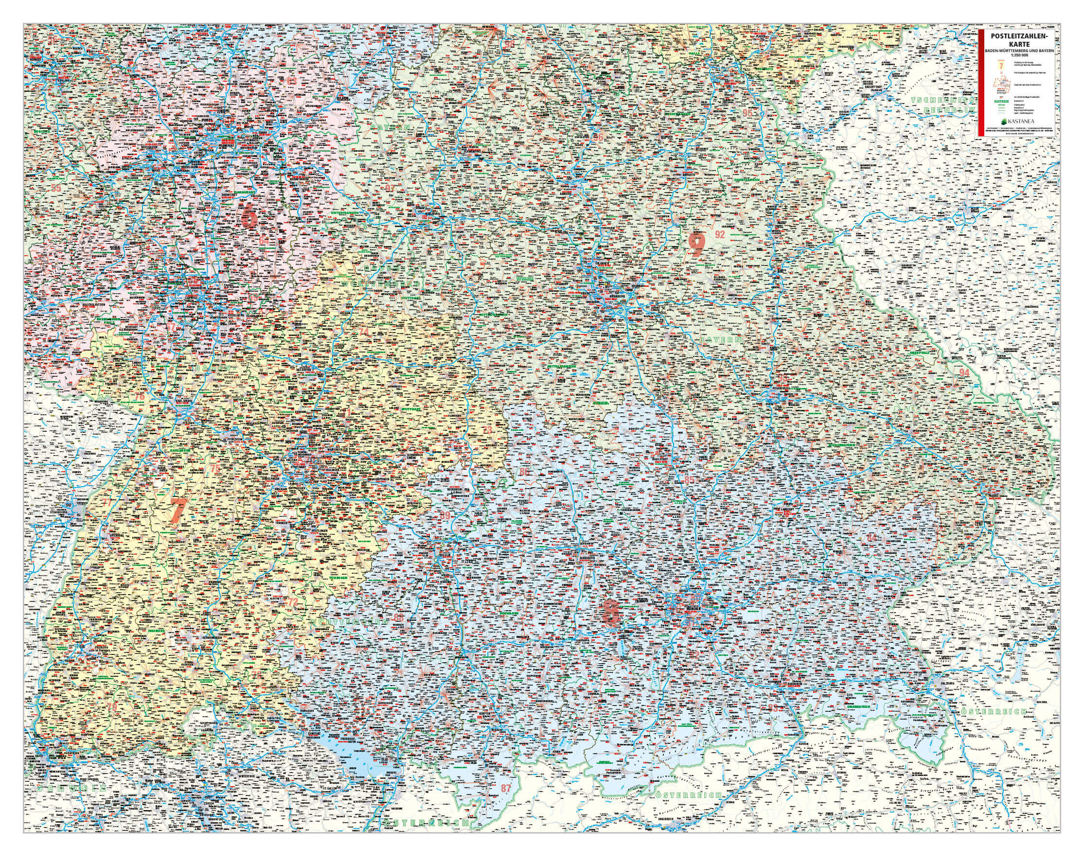Postleitzahlenkarte Baden-Württemberg und Bayern 142x113cm