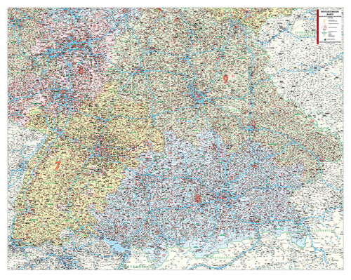 Postleitzahlenkarte Baden-Württemberg und Bayern 142x113cm