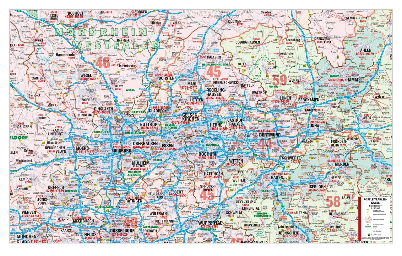 Postleitzahlenkarte Ruhrgebiet 127x81cm
