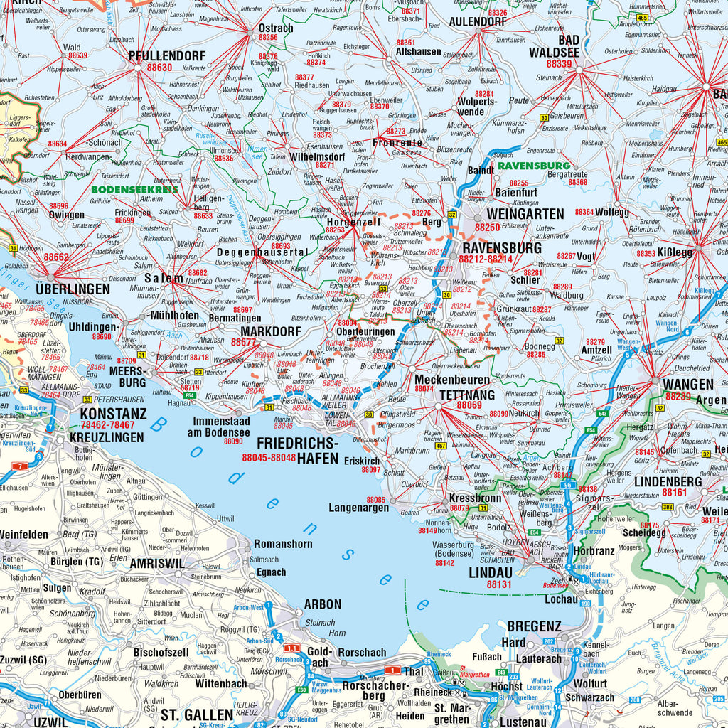 Baden-Württemberg - Postleitzahlenkarte als Inseldarstellung (99 x 122 cm / 1:250.000)