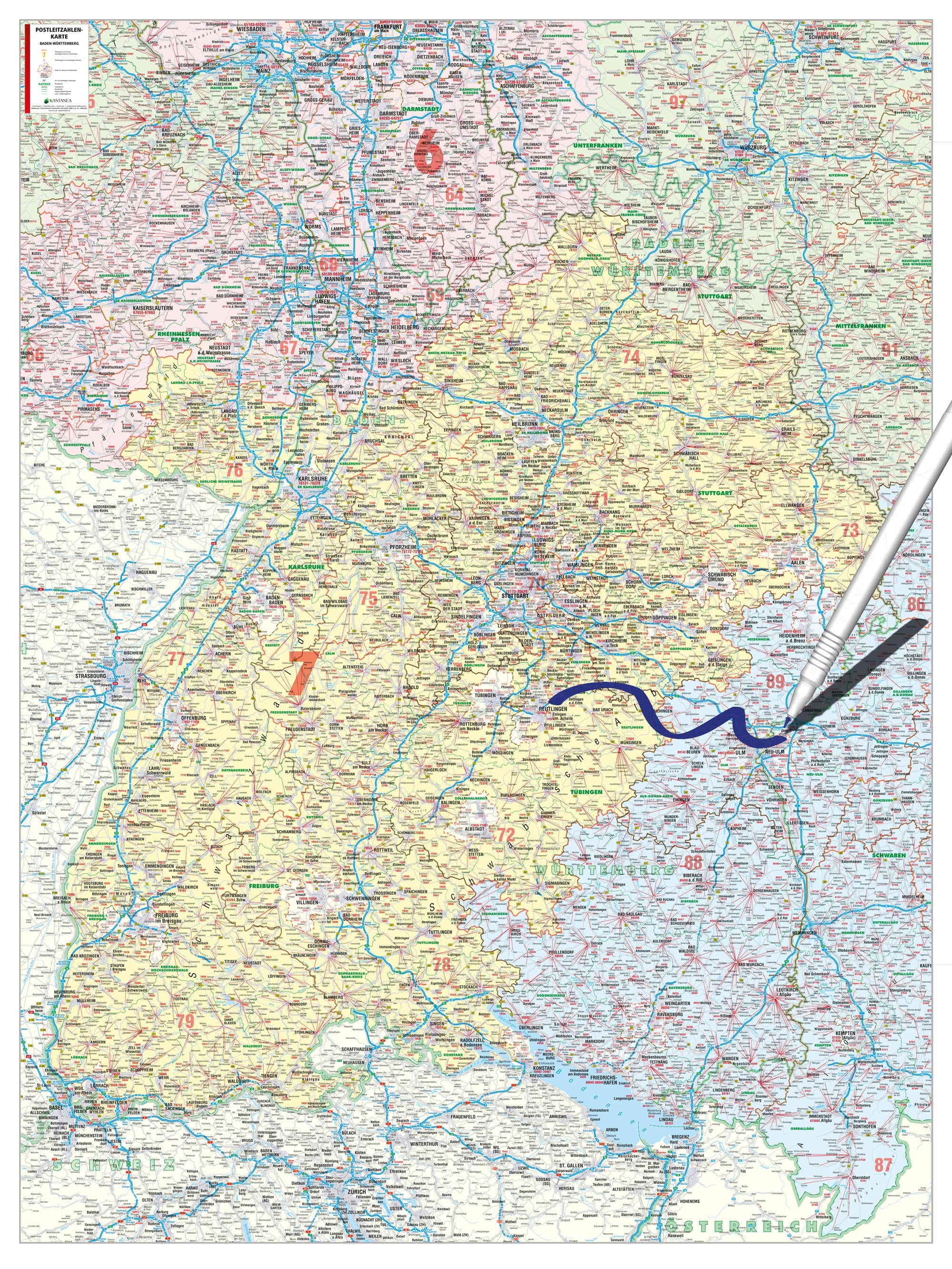 Baden-Württemberg - Postleitzahlenkarte (wählbares Format)