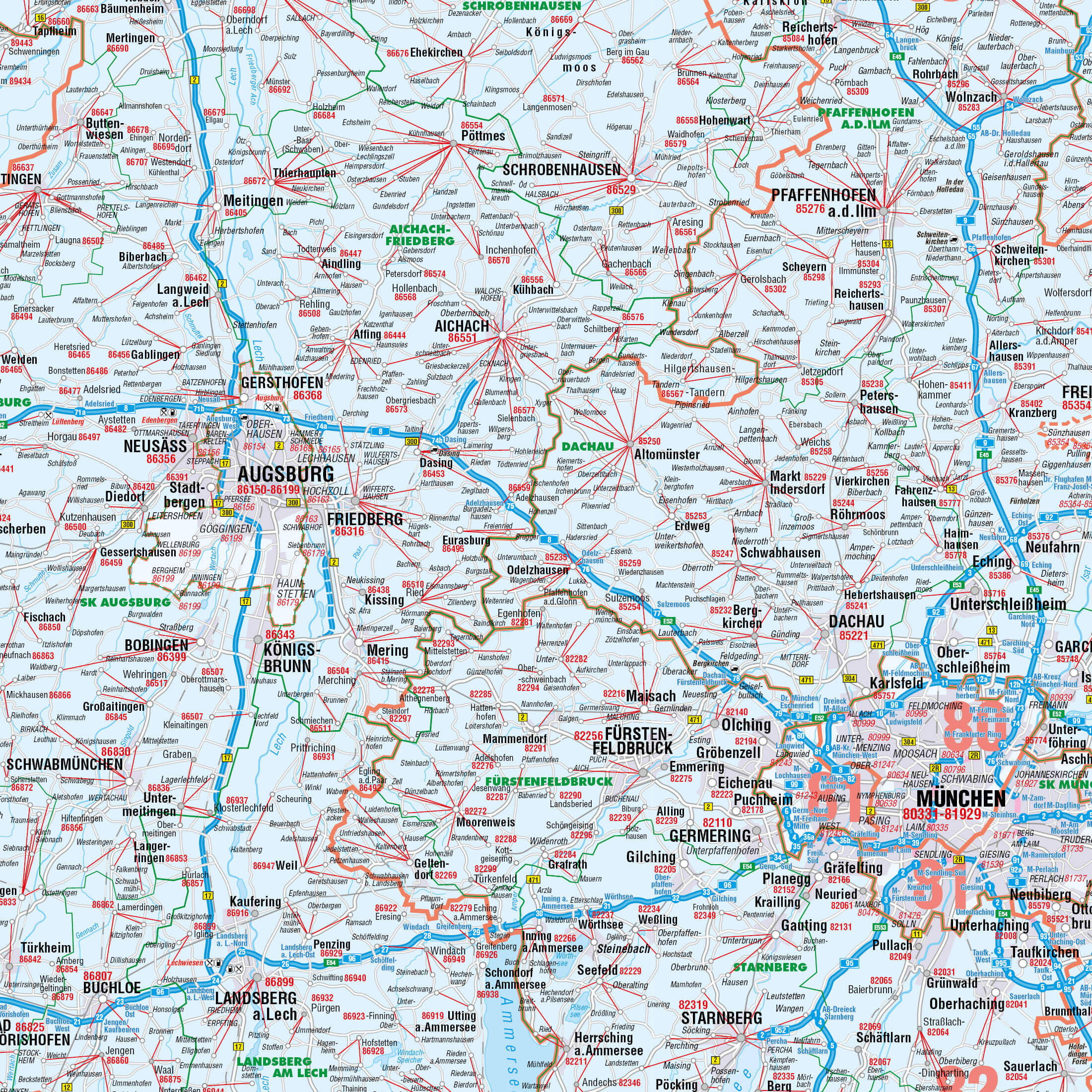Detailbetrachtung der Postleitzahlenkarte Bayern