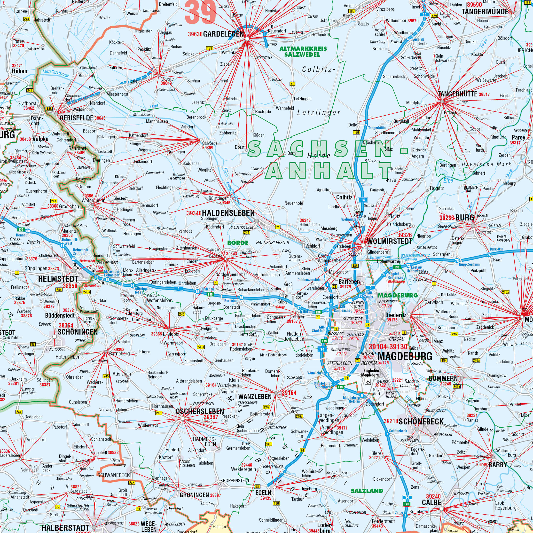 Detailansicht von der Postleitzahlenkarte Berlin / Brandenburg