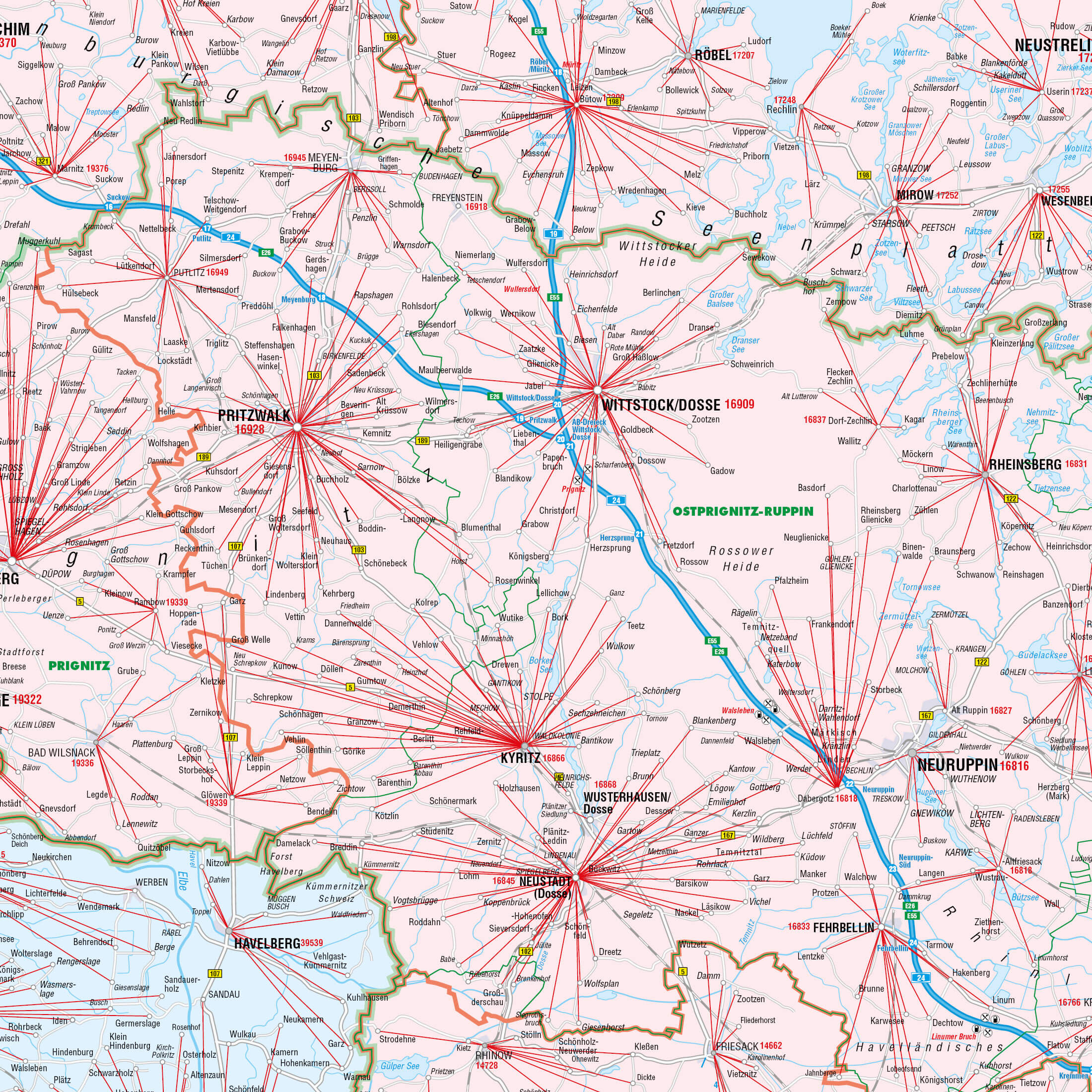 Ausschnitt aus der Postleitzahlenkarte Berlin und Brandenburg