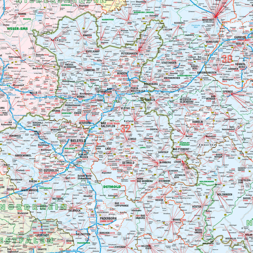 Ausschnitt der Postleitzahlenkarte Niedersachsen und Bremen