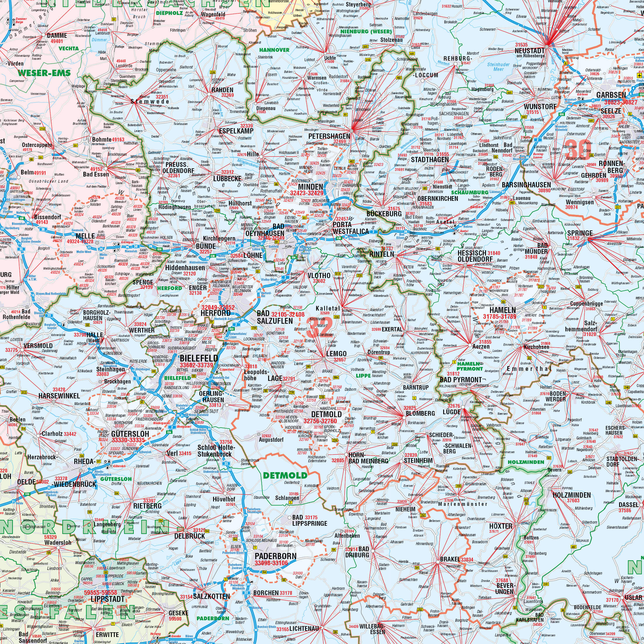 Ausschnitt der Postleitzahlenkarte Niedersachsen und Bremen