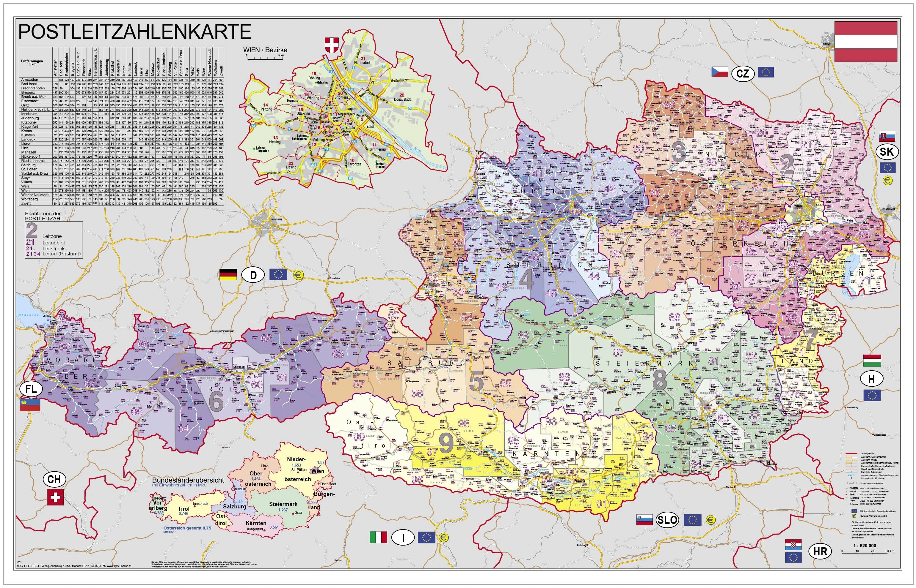 Kleine Postleitzahlenkarte von Österreich