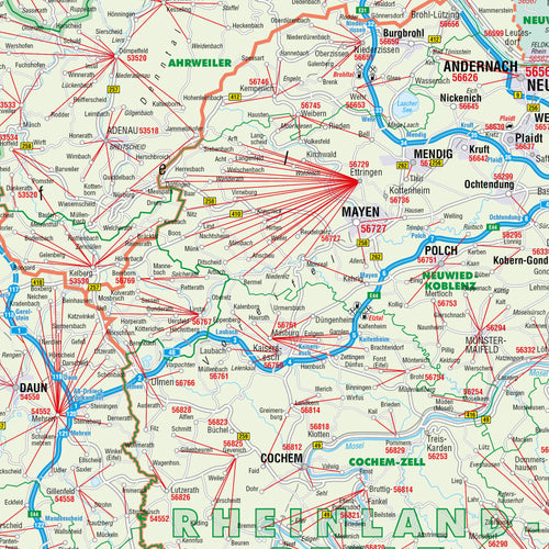 Ausschnitt der Postleitzahlenkarte Rheinland-Pfalz und Saarland