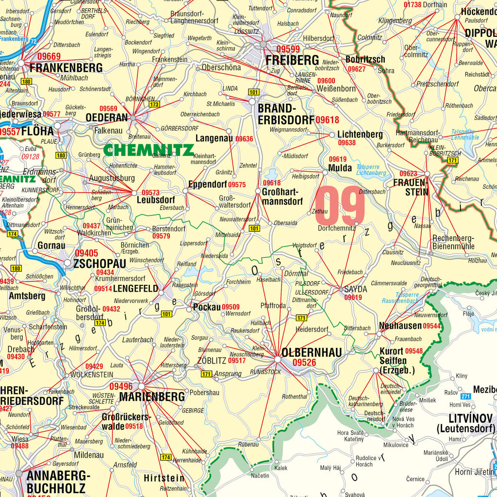 Detailansicht von der Postleitzahlenkarte Sachsen