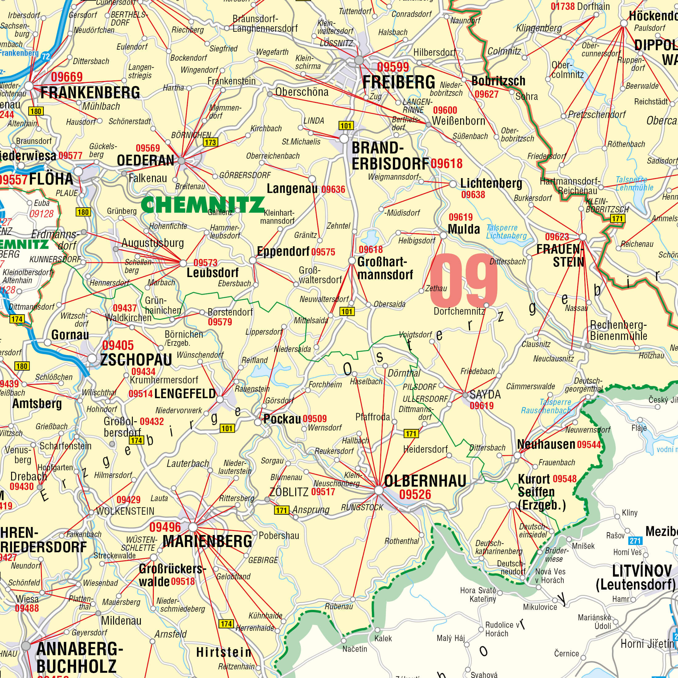 Detailansicht von der Postleitzahlenkarte Sachsen