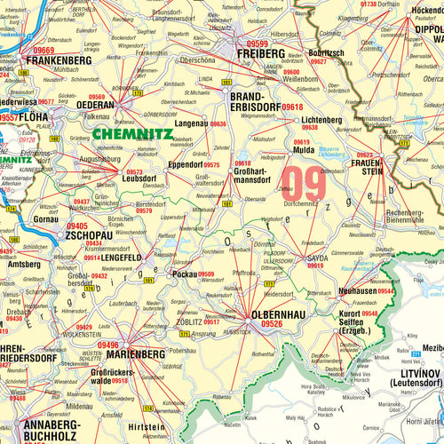 Detailansicht von der Postleitzahlenkarte Sachsen