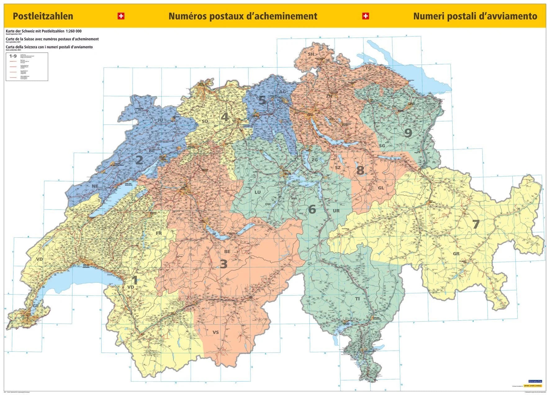 Schweiz - Postleitzahlenkarte (140 x 100 cm / 1:260.000)