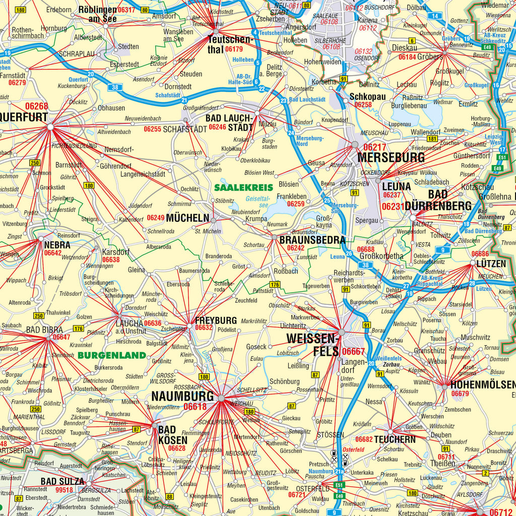 Detailansicht der Posteitzahlenkarte von Thüringen