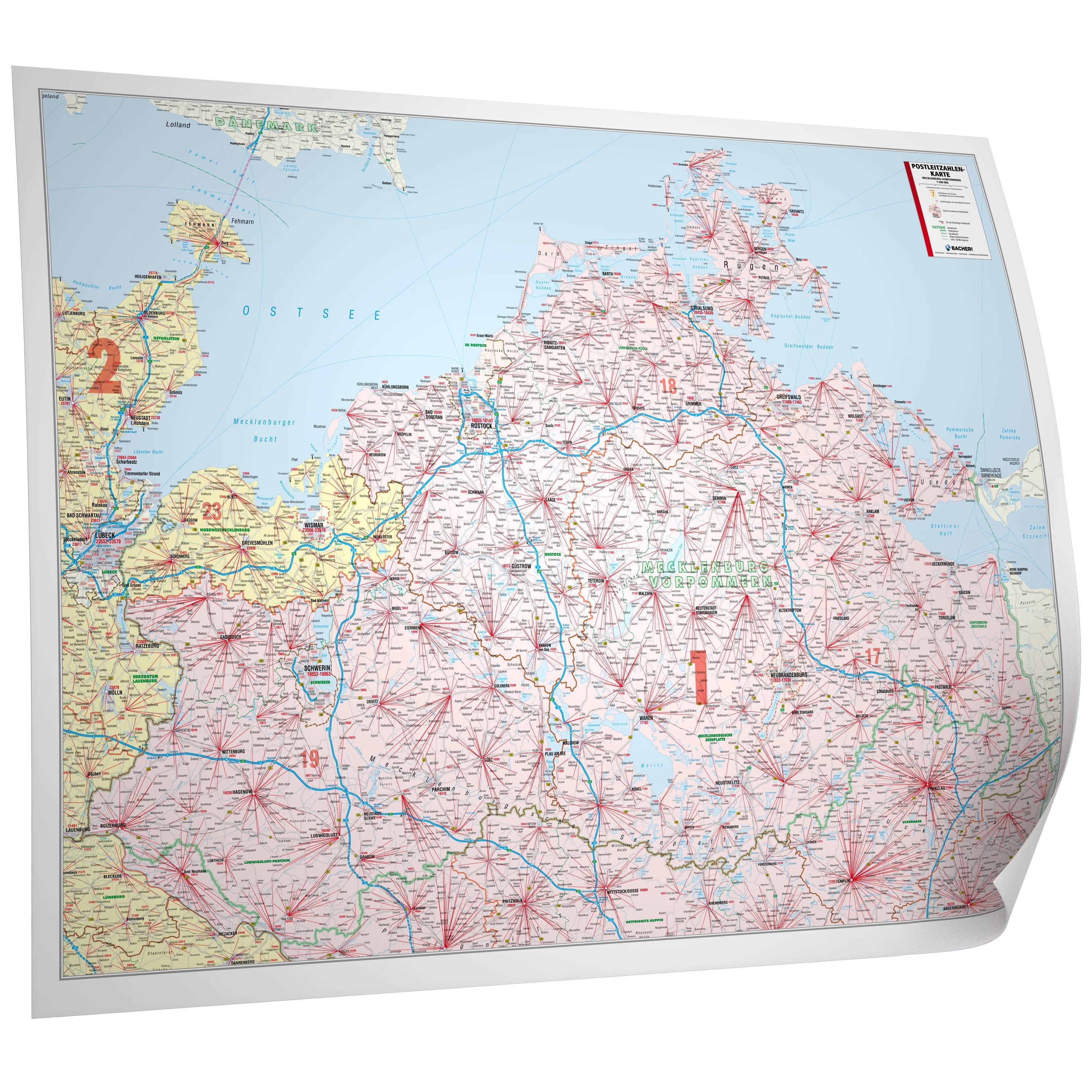 Mecklenburg-Vorpommern - Postleitzahlenkarte (138 x 102 cm / 1:200.000)
