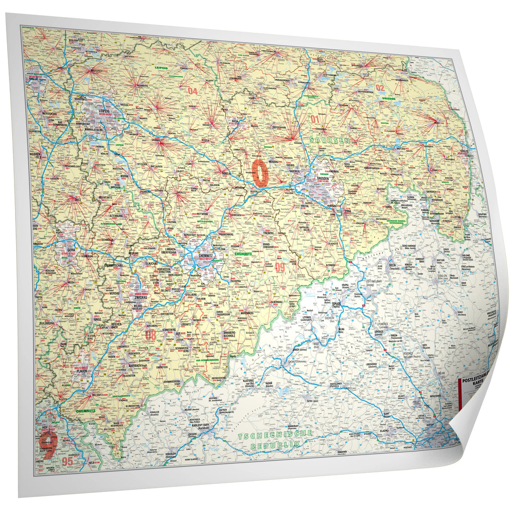 Sachsen - Postleitzahlenkarte (121 x 96 cm / 1:200.000)