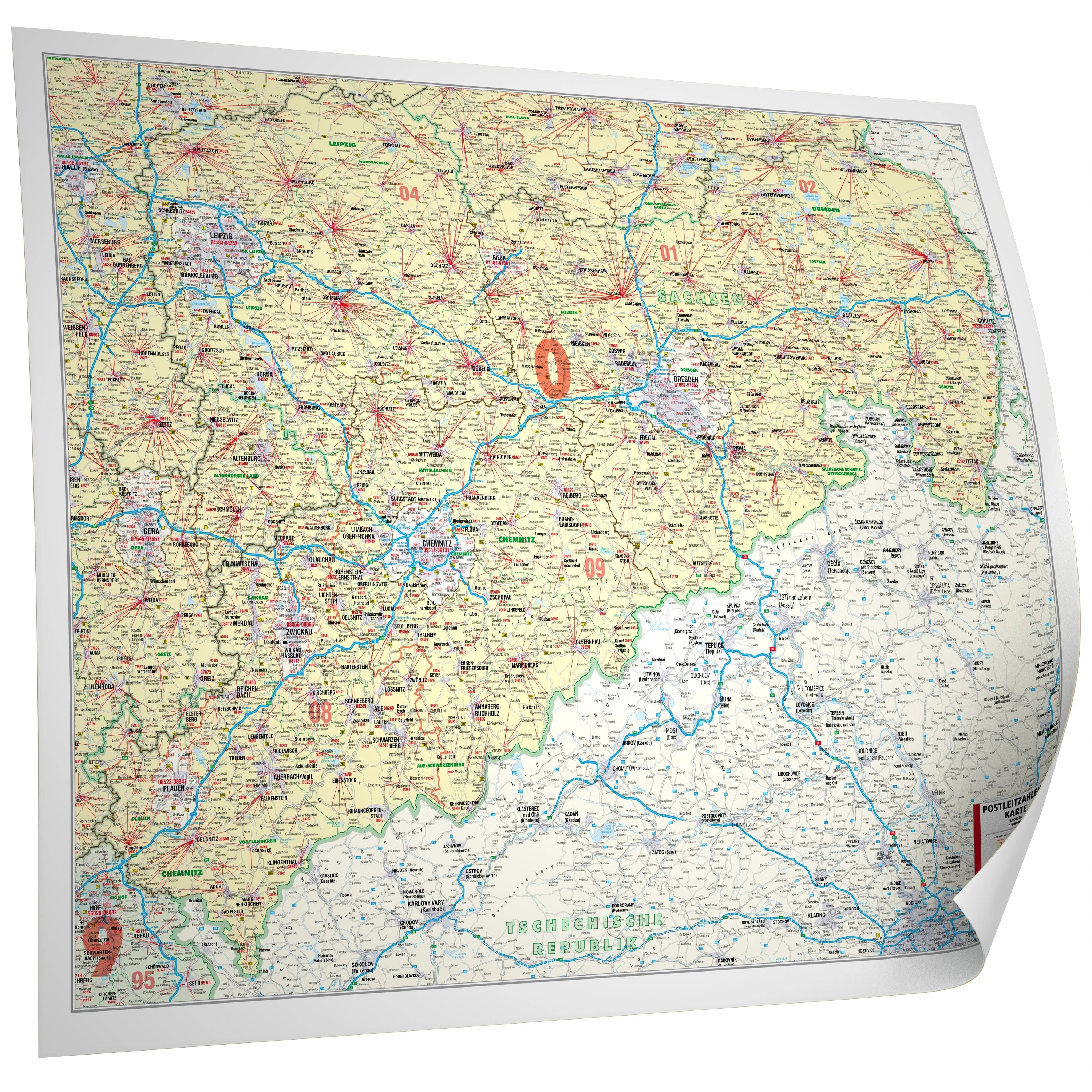 Sachsen - Postleitzahlenkarte (121 x 96 cm / 1:200.000)