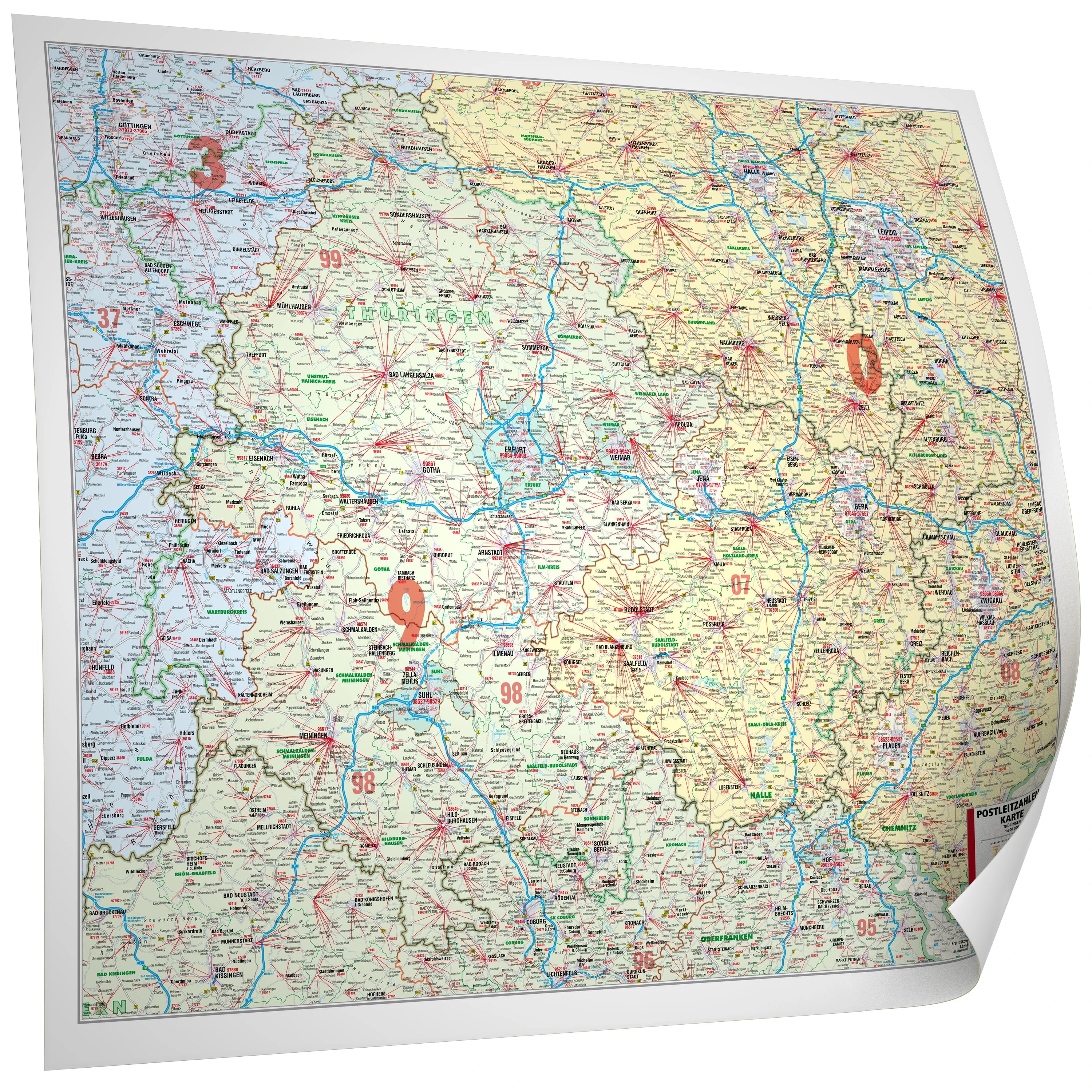 Thüringen - Postleitzahlenkarte (109 x 92 cm / 1:200.000)