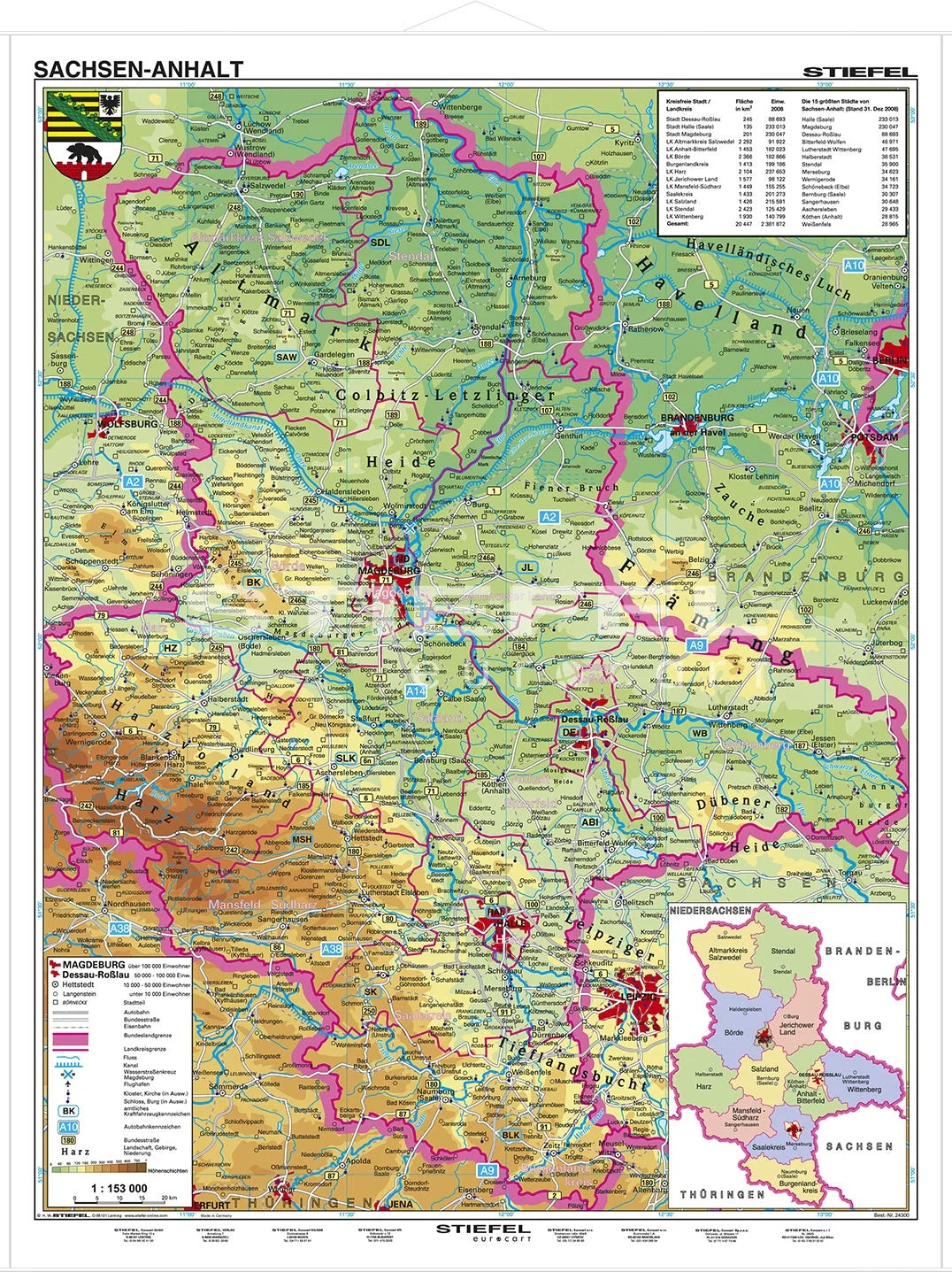 Sachsen-Anhalt - Schulwandkarte - physisch (wählbares Format)