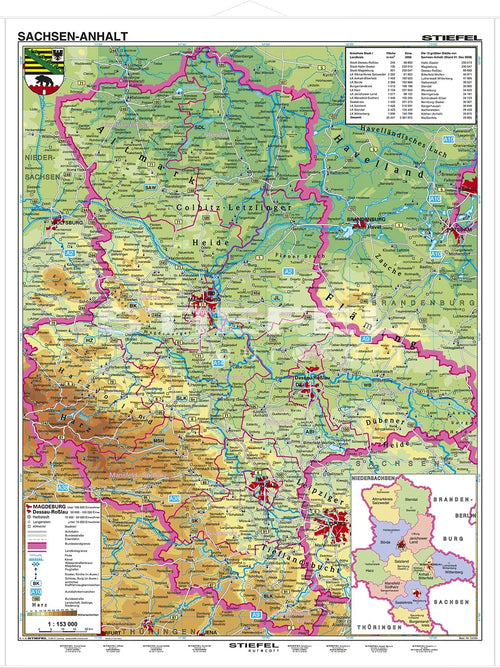 Sachsen-Anhalt - Schulwandkarte - physisch (wählbares Format)
