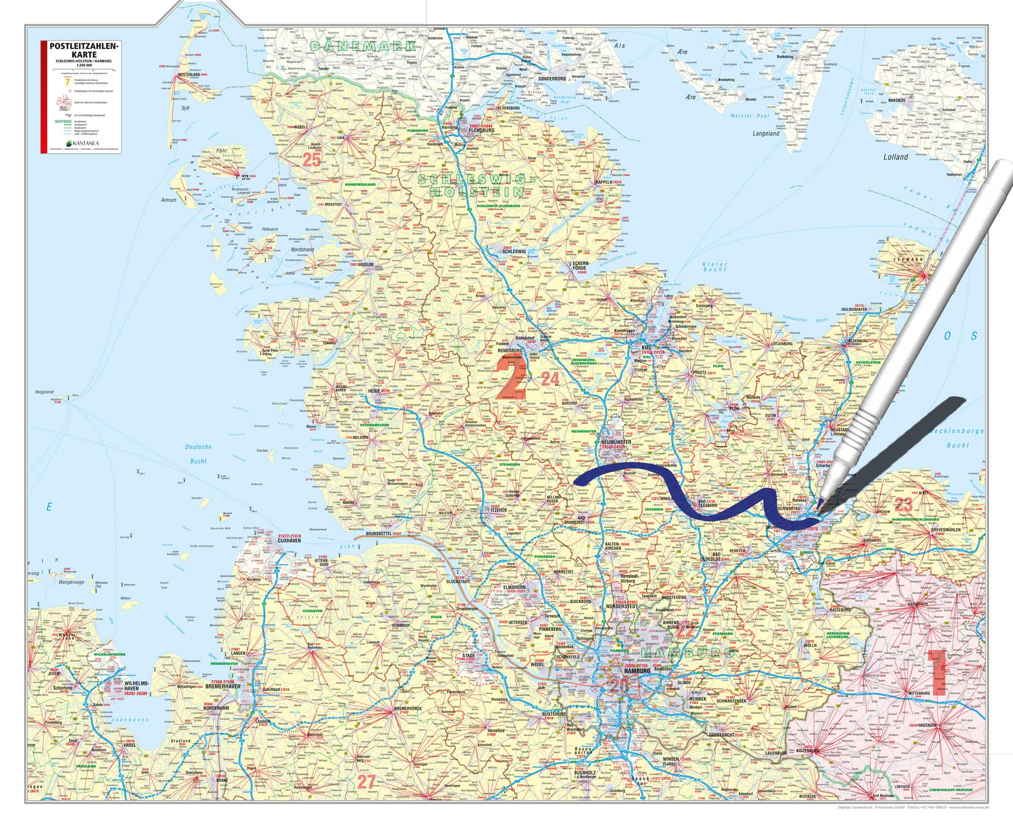 Schleswig-Holstein und Hamburg - Postleitzahlenkarte (126 x 104 cm / 1:200.000)