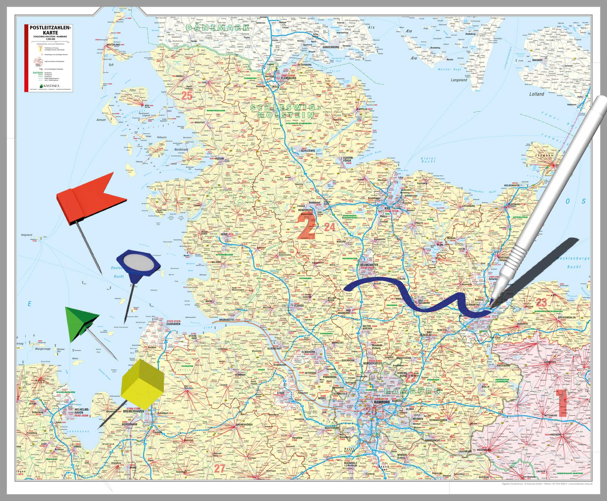 Schleswig-Holstein und Hamburg - Postleitzahlenkarte (126 x 104 cm / 1:200.000)