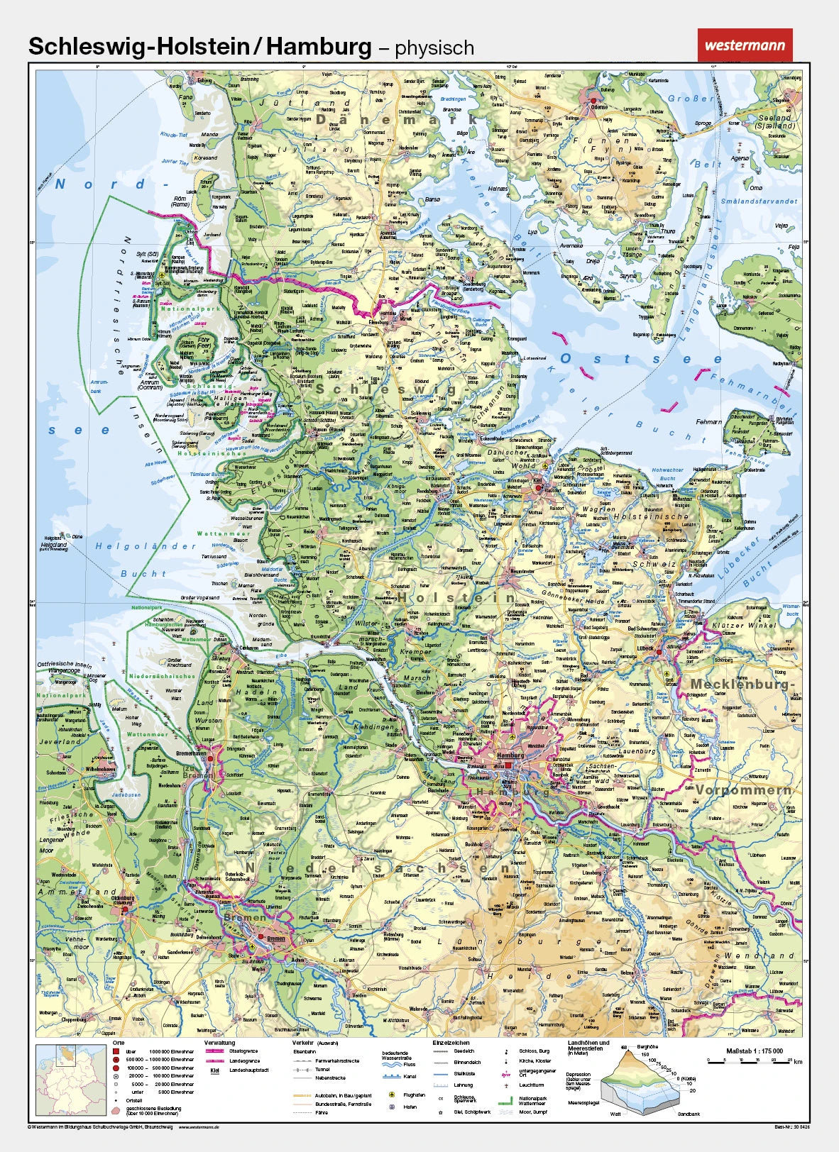 Schleswig-Holstein als physische Schulwandkarte