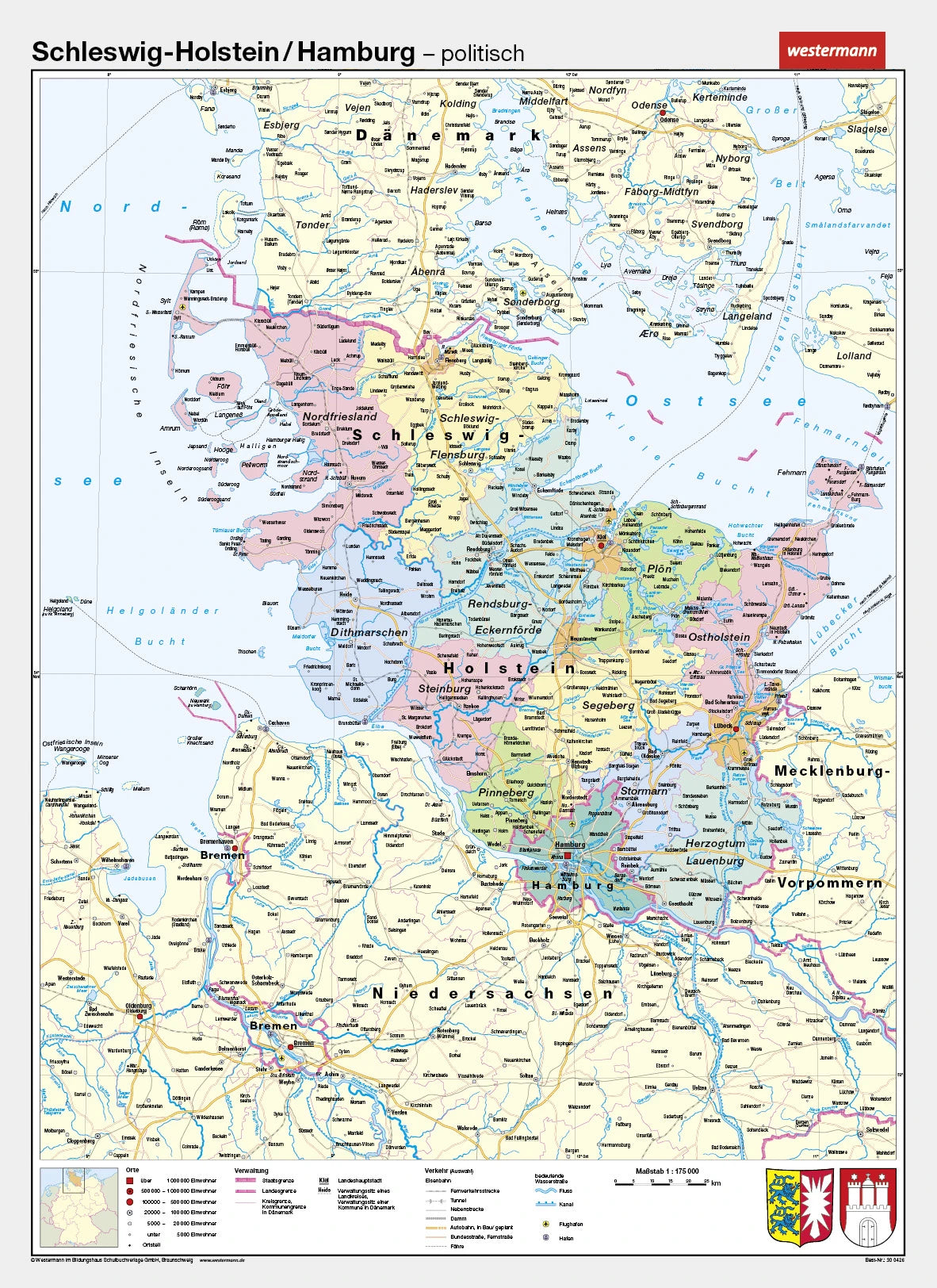 Schleswig-Holstein als politische Schulwandkarte