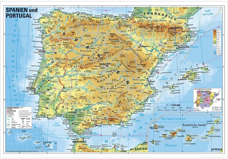 Spanien / Portugal - physisch (95 x 65 cm / 1:1.570.000)