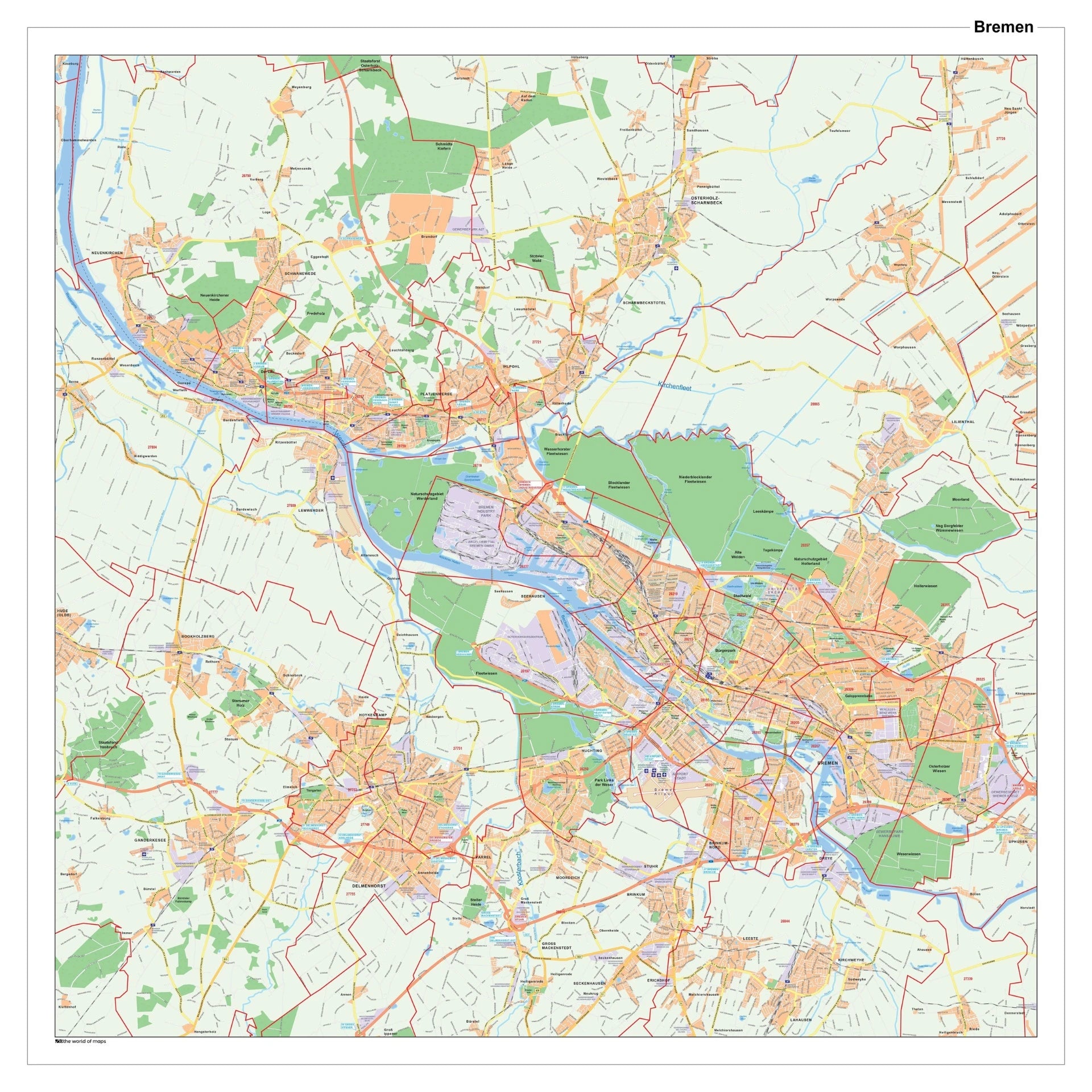 Bremen - Stadtplan mit Postleitzahlen (100 x 100 cm / 1:35.000)