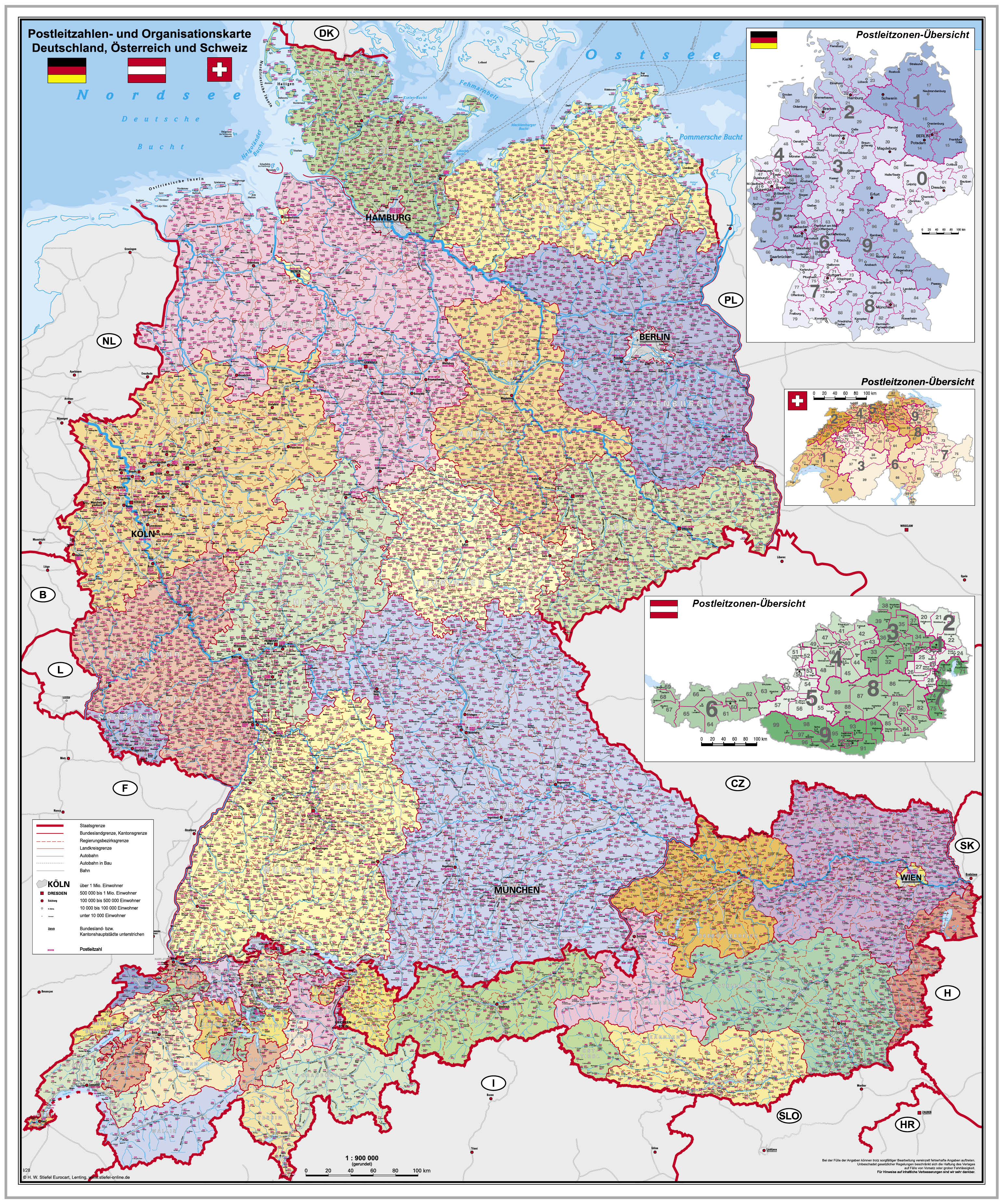 Deutschland, Österreich und Schweiz - Postleitzahlenkarte (97 x 122 cm / 1:900.000)
