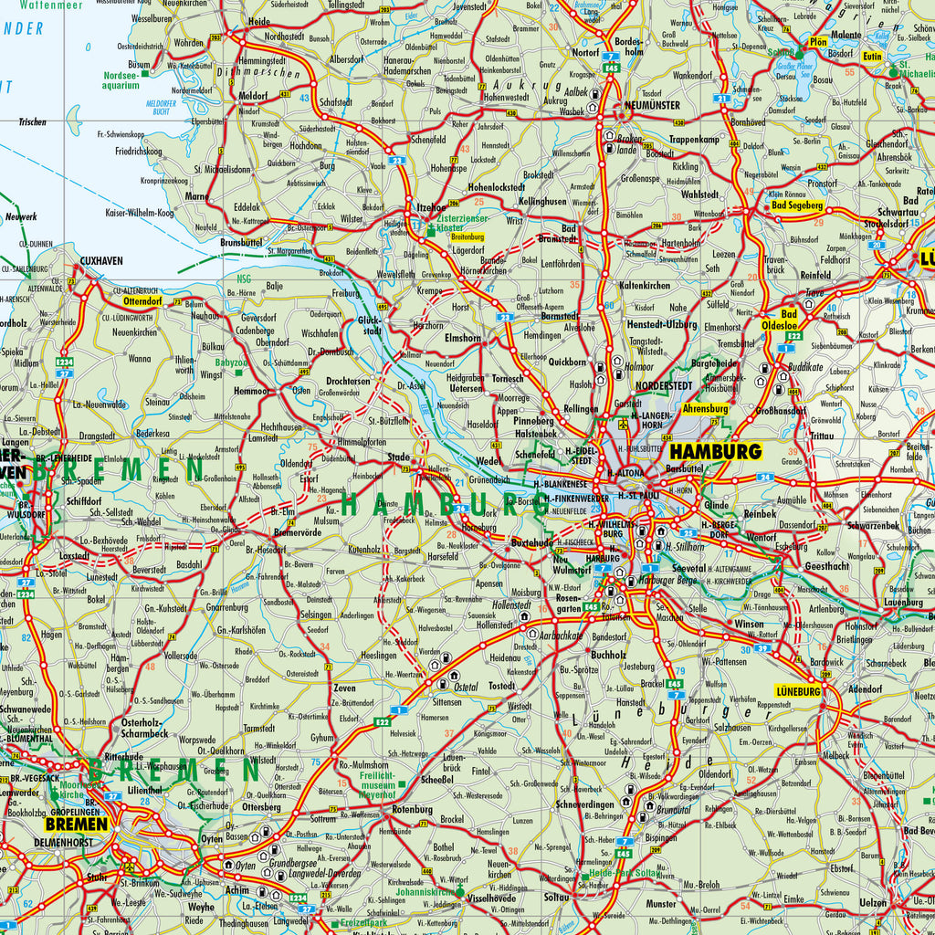 Detailausschnitt der Straßenkarte von Deutschland