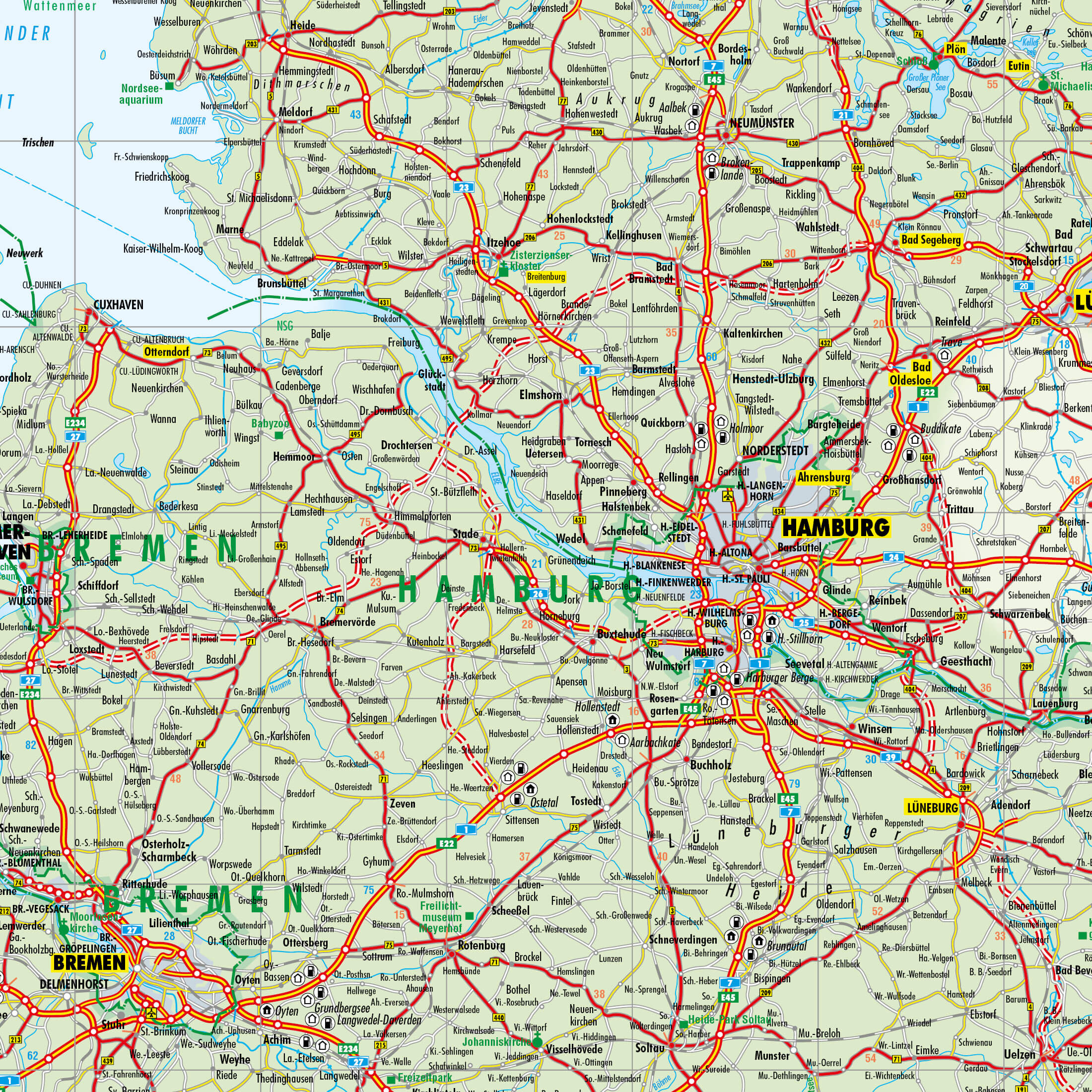 Detailausschnitt der Straßenkarte von Deutschland