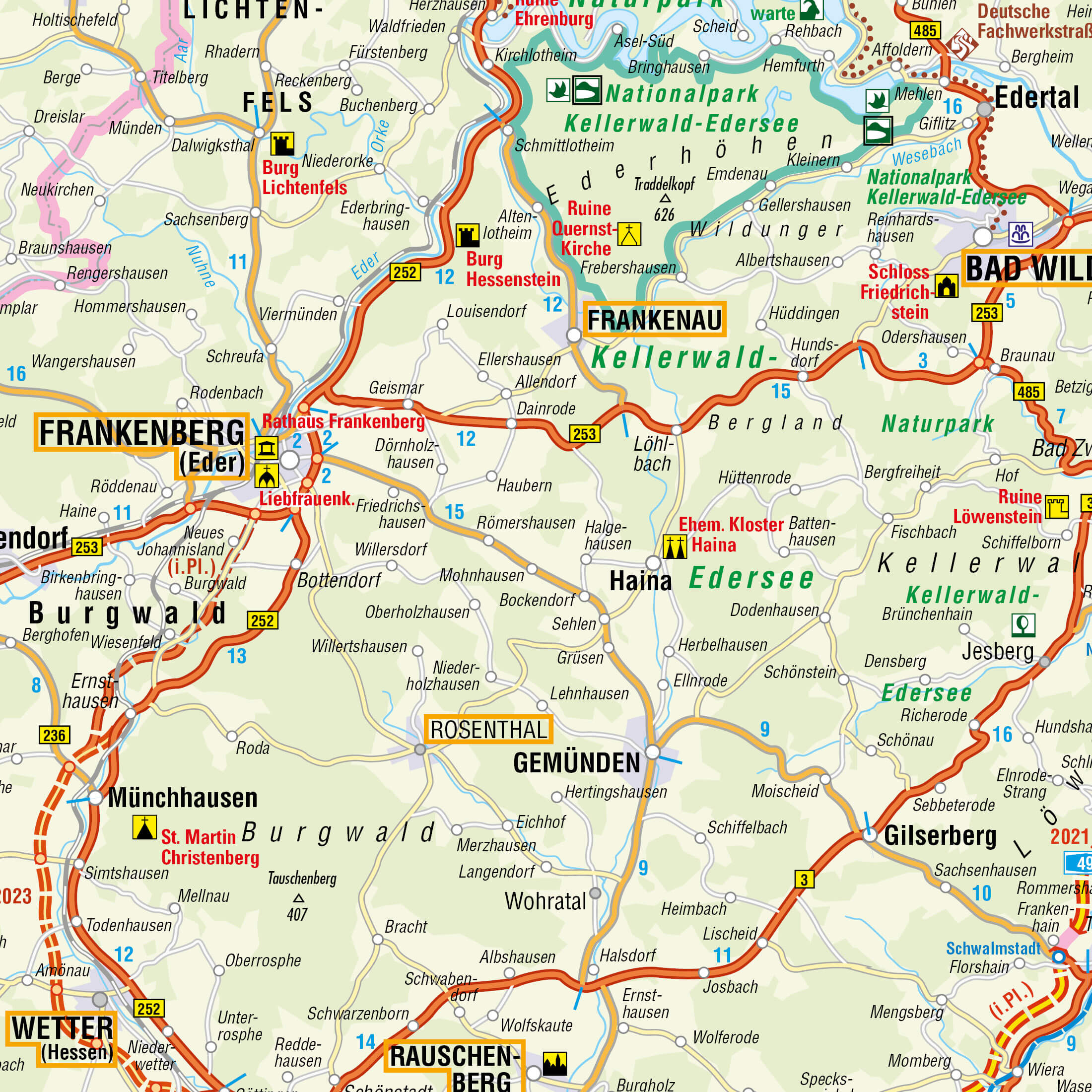 Detailansicht der Straßenkarte von Hessen