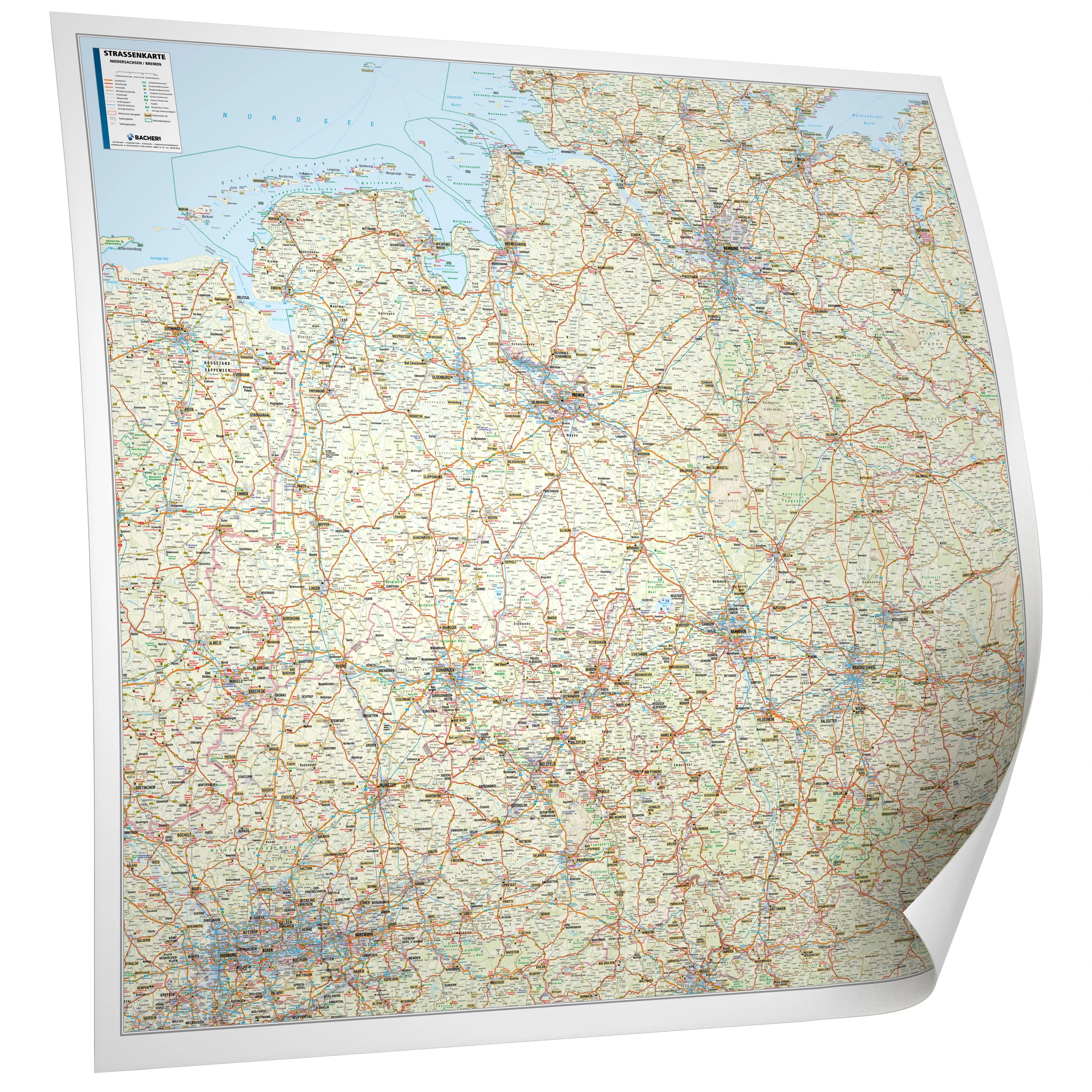 Niedersachsen / Bremen - Straßenkarte (131 x 119 cm / 1:300.000)