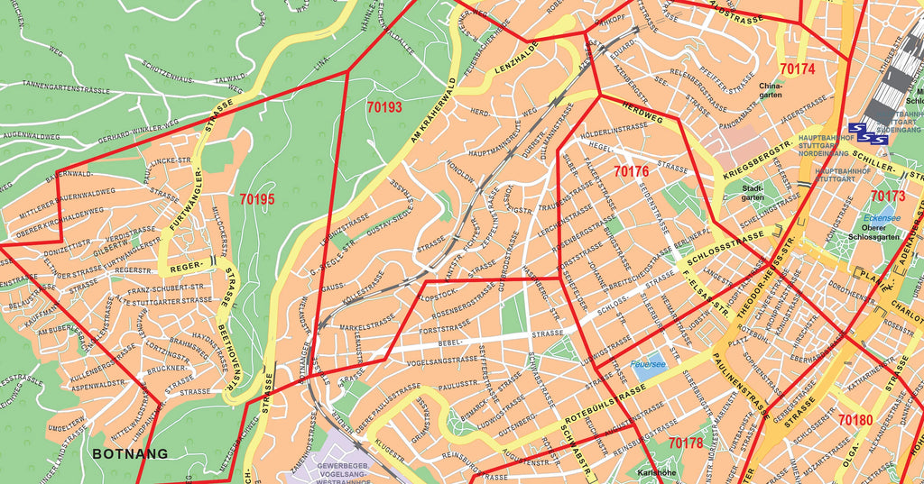 Weitere Detailansicht der Postleitzahlenkarte von Stuttgart
