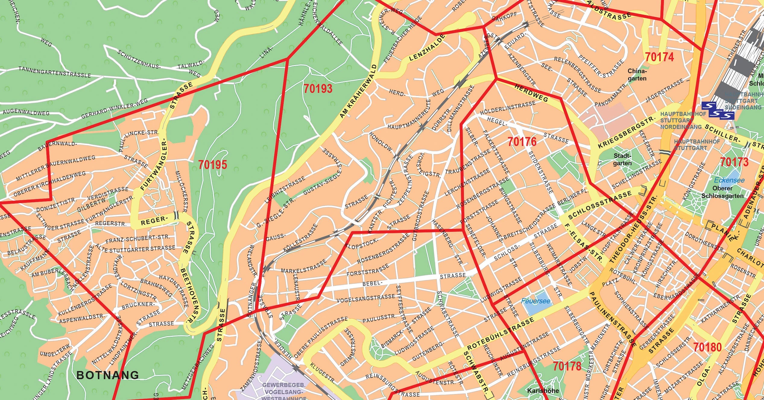 Weitere Detailansicht der Postleitzahlenkarte von Stuttgart