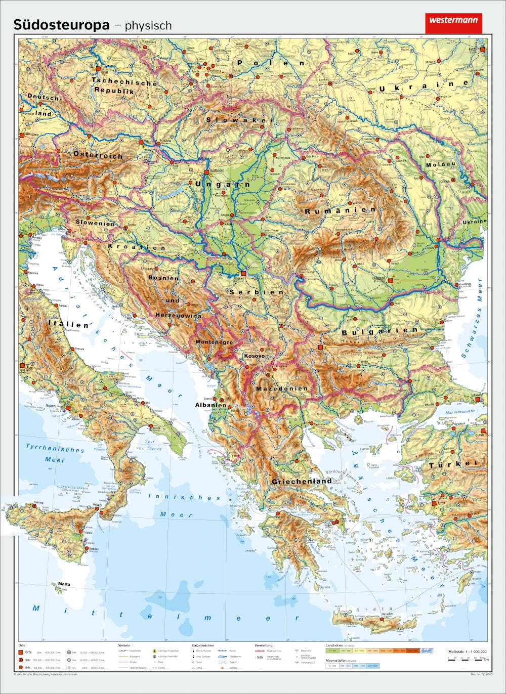 Südosteuropa - Schulwandkarte - physisch / politisch (147 x 202 cm / 1:1.000.000)