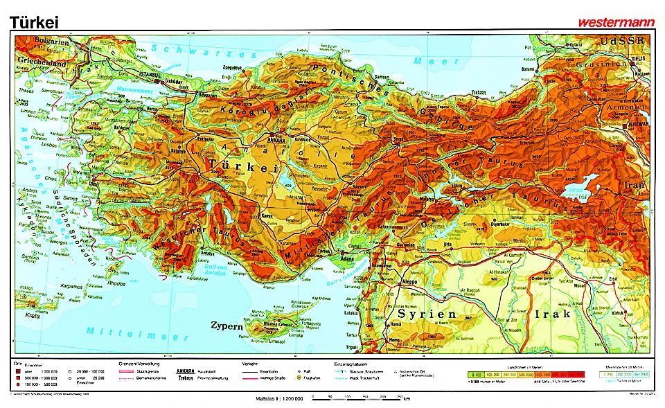Die Schulwandkarte Türkei (physisch) mit vielen Details