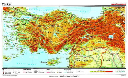 Die Schulwandkarte Türkei (physisch) mit vielen Details